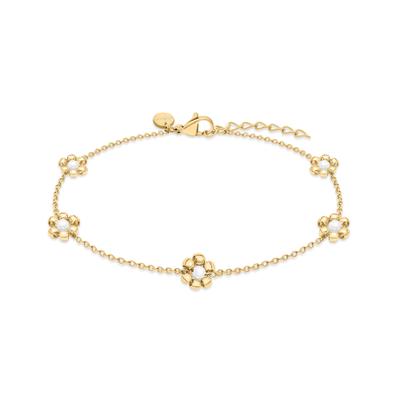Fußkette S.OLIVER "Flower, Blumen-Design", gold (gelbgoldfarben, weiß), Fußketten, Damen, Edelstahl Perlen, Edelstahl, Perlen, mit Kunststoffperle