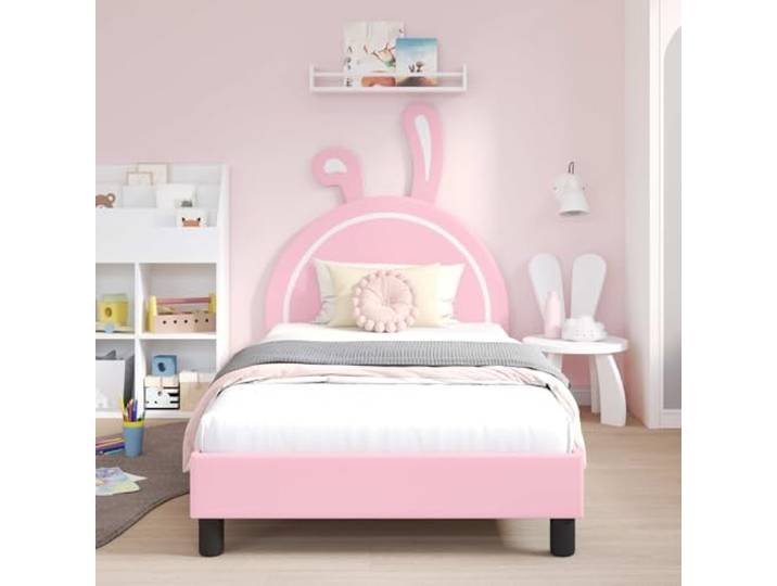 KTHLBRH Bettgestell, Rosa, 90 x 190 cm, mit Kopfteil Technisches Holz, PU-Schaum, feste Latten, niedriges Design, einfache Montage