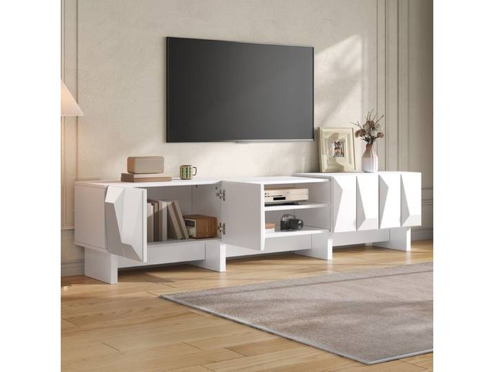 Meuble TV - ZEVKOR - Meuble TV 4 Portes - Blanc - 180 x 34 x 44 5 cm - 2 niches ouvertes