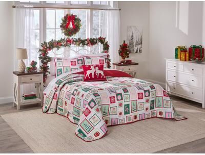 3-Pc. Microfleece Christmas Bedspread Set by BrylaneHome in Christmas Stamps (Size FULL) Reversible Quilted Cover & Pillow Shams