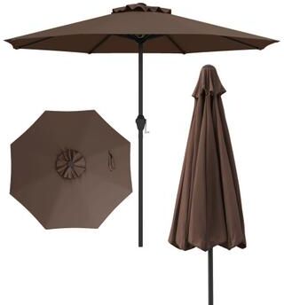 Costway Outdoor Heavy Duty Market Umbrella with Crank Handle and 8 Sturdy Ribs-Brown