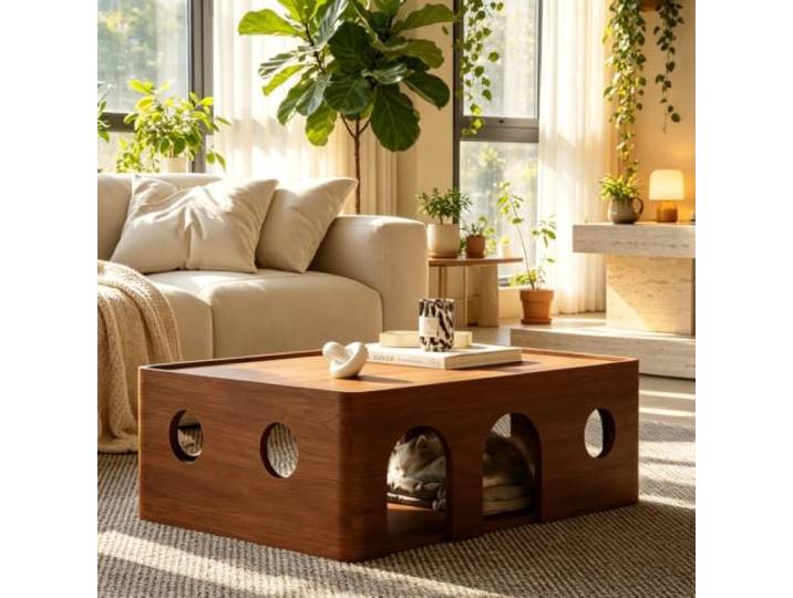Vintage Couchtisch aus Massivholz mit integriertem Katzenbett & Stauraum Couchtisch mit integrierter Katzenhöhle, Doppelfunktion: Wohnzimmertisch und Versteck für Katzen(Walnut-B,31.5in)