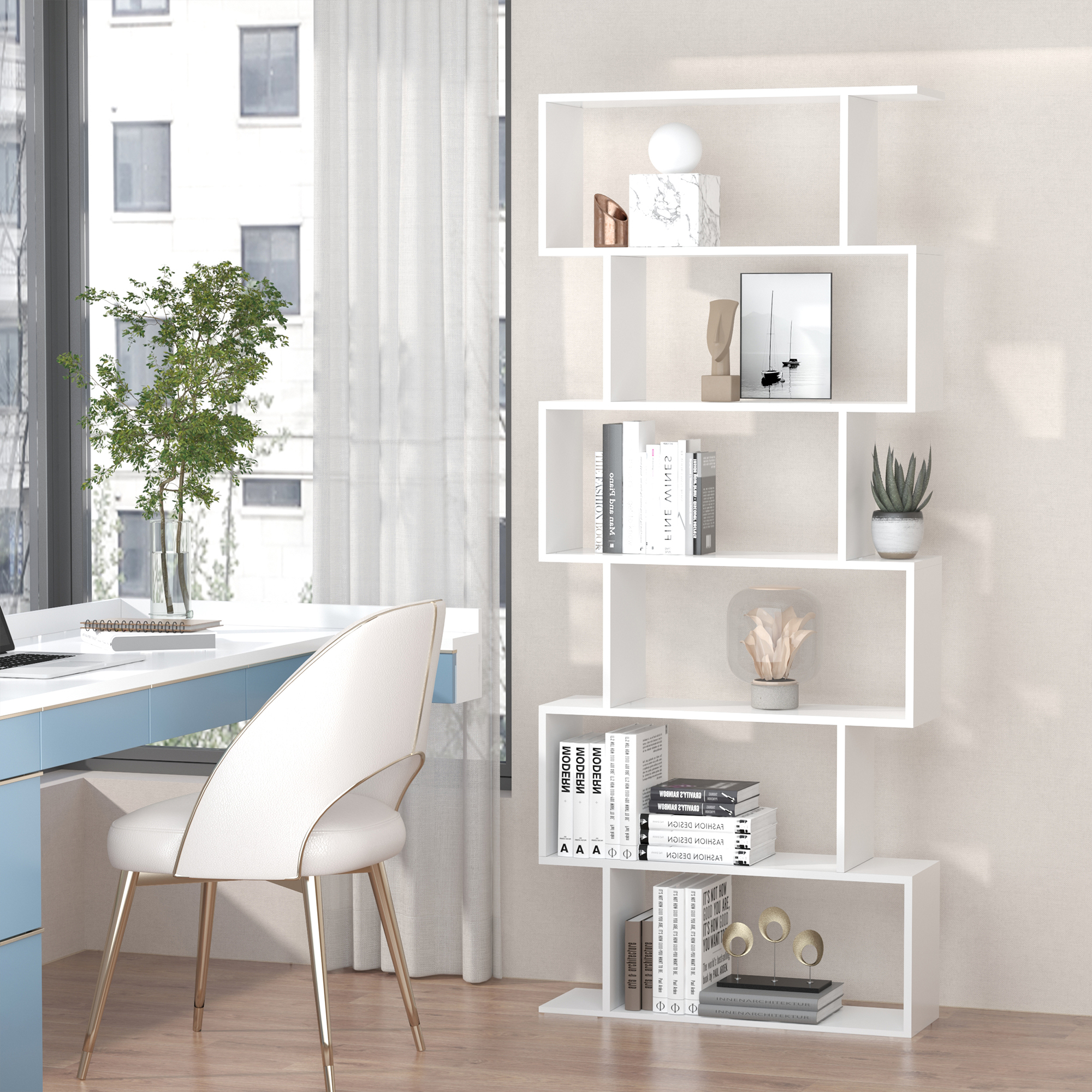 Homcom Libreria Scaffale Moderno in Legno a Ripiani e Divisore d'Interni, Mobile Guardaroba Decorativo Autoportante a 6 Livelli, Bianco Aosom Italy