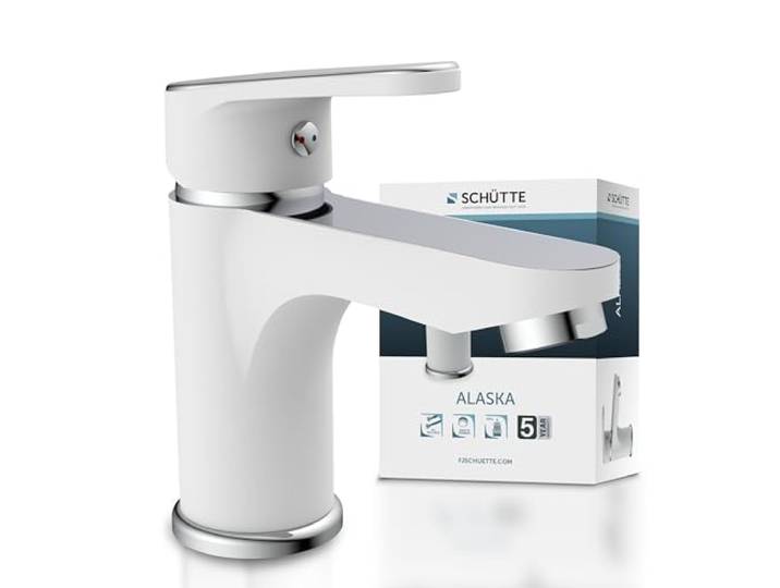 SCHÜTTE 34710 ALASKA Badarmatur mit Ablaufgarnitur, Waschtischarmatur, Einhebelmischer Mischbatterie Badezimmer, Wasserhahn Bad, Waschbecken Armatur Mischbatterie für Badezimmer, Chrom Weiß