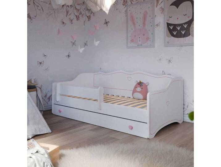 Lit enfant 80x180 EMMA - Blanc/rose - Avec sommier et tiroir lit pour fille