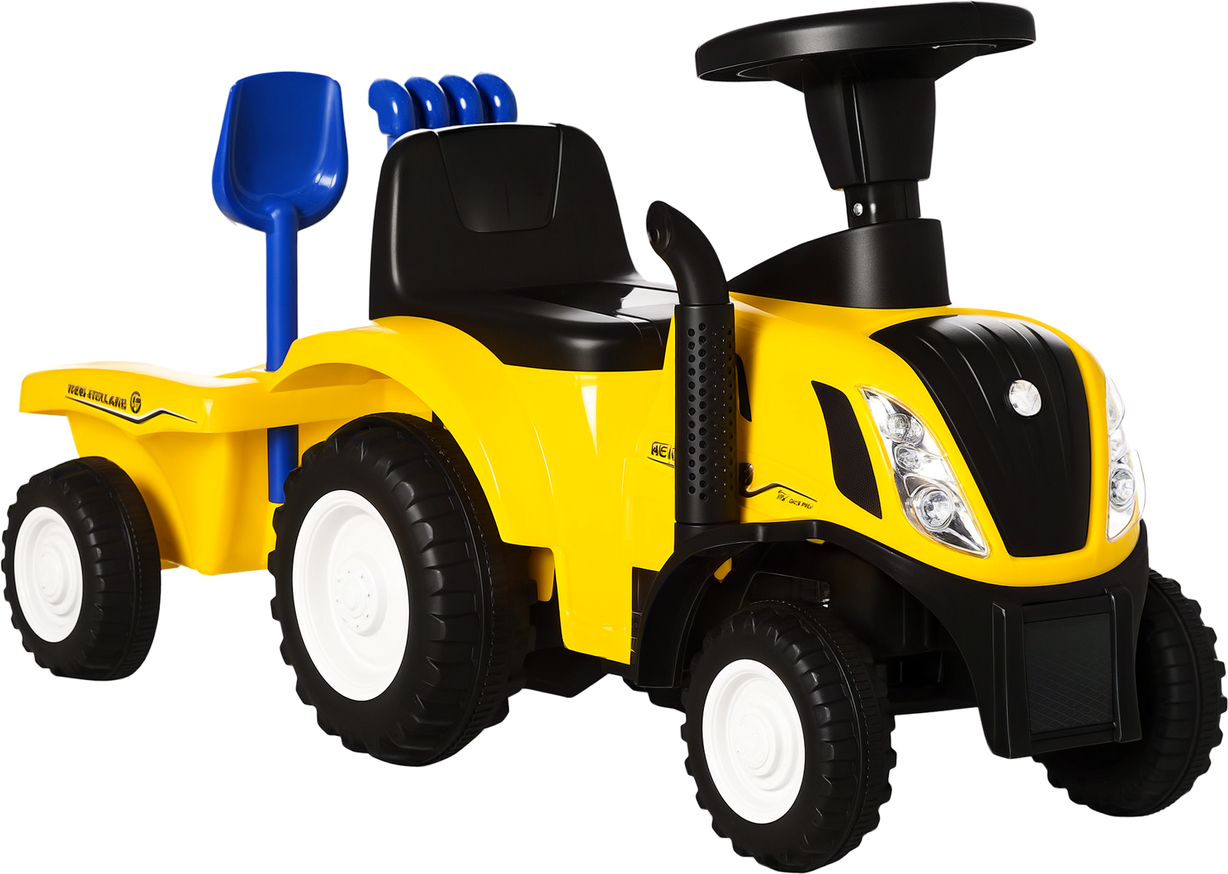 Altro Trattore Giocattolo Per Bambini Cavalcabile Con Rimorchio, Rastrello E Pala, Gioco Educativo Per Bimbi 12-36 Mesi, 91x29x44cm, Giallo