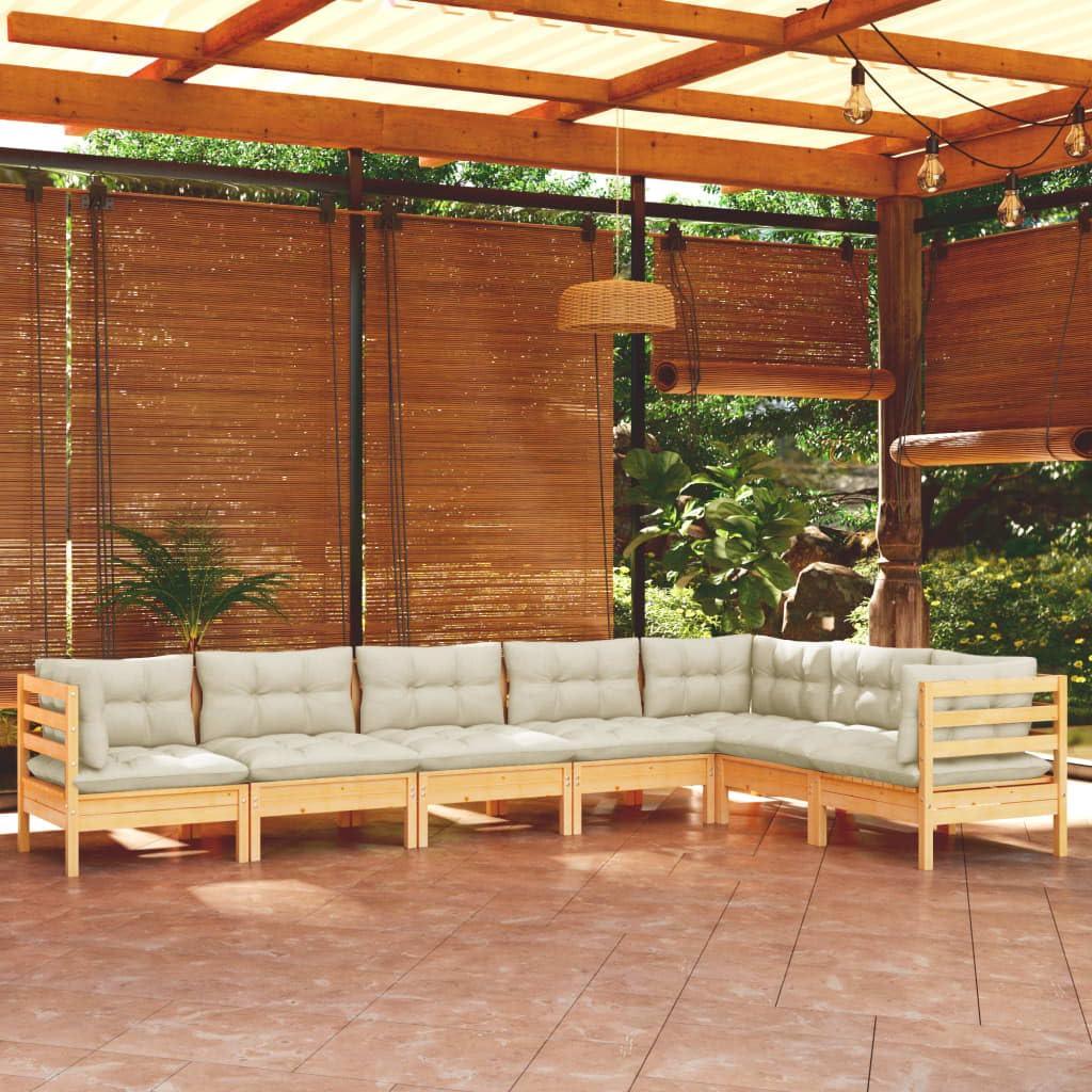 Loungeset, 7-teilig, Braun, Creme - Massives Kiefernholz - Modular, komfortabel