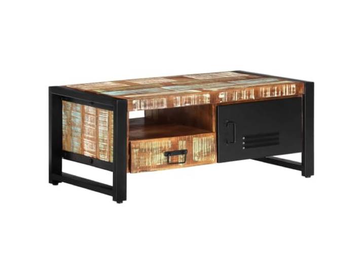 pokgdf Couchtisch 100x50x41 cm aus Massivem Altholz mit Eisenrahmen Recyceltes Holz, pulverbeschichtetes Eisen, zwei Fächer, eine Schublade, Montageanleitung enthalten