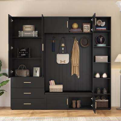 Lirago Hall Tree with Padded Bench Coat Rack Hooks and Shelves for Entryway Mudroom Hallway American Style Movable Shelves