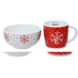 Christmas Decorations 2x Frühstücksgeschirr Keramik 14x7cm - Schüssel & Tasse Set mit Weihnachtsmotiv Weihnachtsgeschirr Geschirr für Weihnachten Schale Becher Weiß Rot