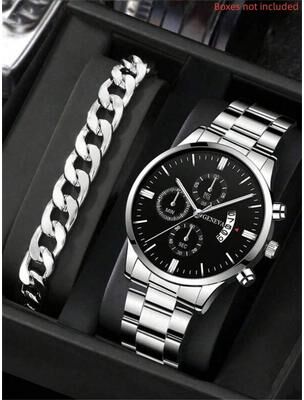 Quick Pick Pro Executive Duo Luxury Men's Quartz Watch Set With Calendar & Business Watch Style silver