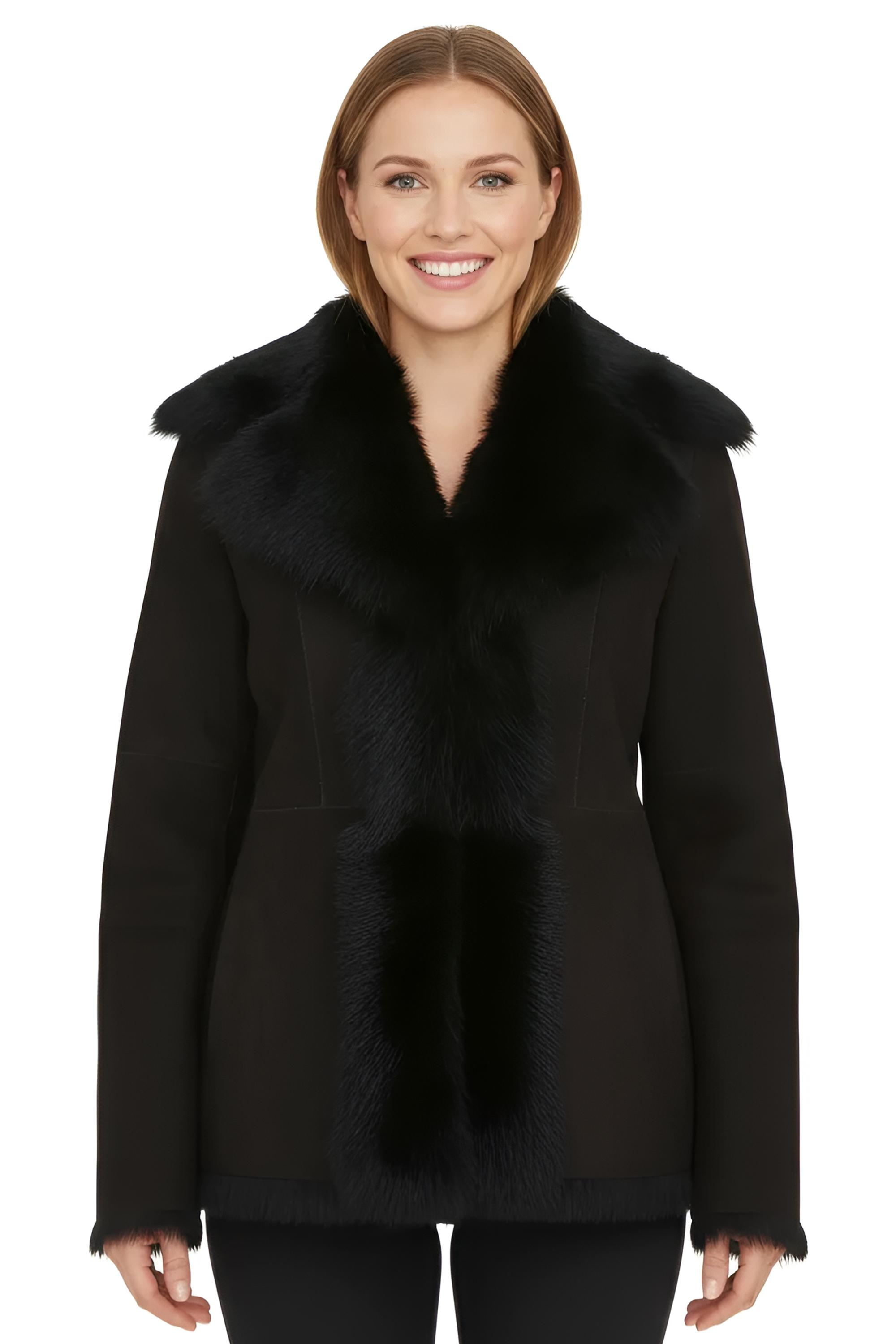 Damen Schwarze Schaffell Toscana Merino Shearling Wildlederjacke-Siena