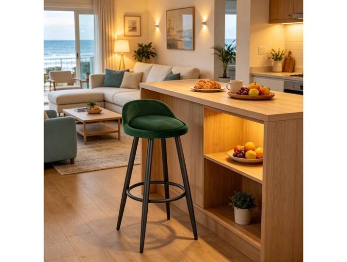 Tabouret de bar à dossier bas avec repose-pieds circulaire - YEAVIO - pieds réglables velours vert foncé