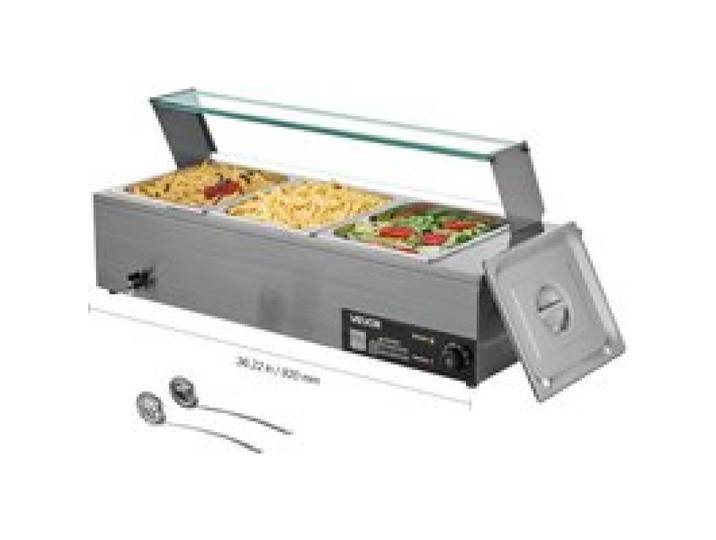 VEVOR kommerzieller Speisenwärmer (3 x 1/2 Größe Behälter), 1,5 kW elektrischer Wärmebehälter aus Edelstahl mit Glasabdeckung & Suppenkelle, Chafing Dishes für Catering Restaurant Party