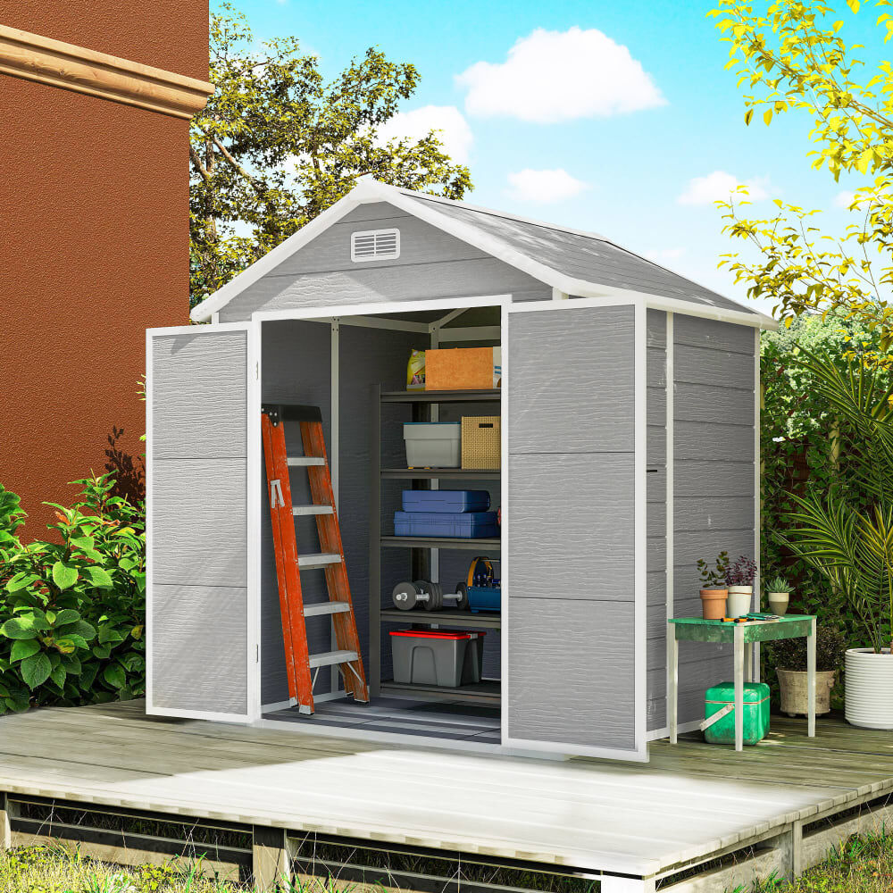 Outsunny Abri de jardin avec portes à loquet plancher en résine gris Gris 182x219x151cm