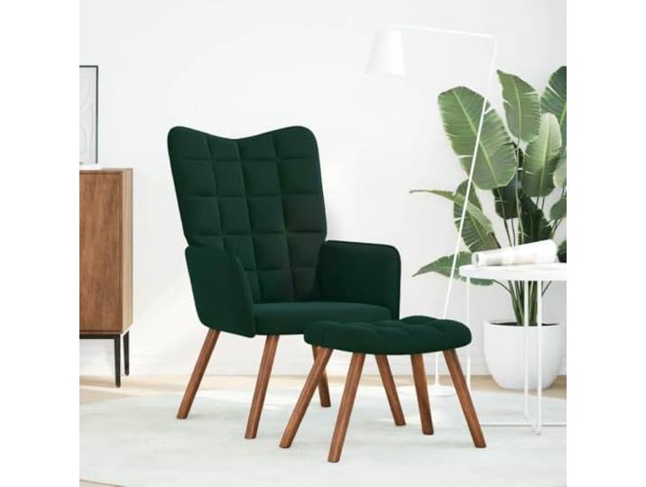 Samt-Relaxsessel mit Fußablage Dunkelgrün mit Holz Dicke Polsterung, stabiler Sperrholzrahmen und Metall, 2 in 1 Fußablage universal für Wohnzimmer und Schlafzimmer