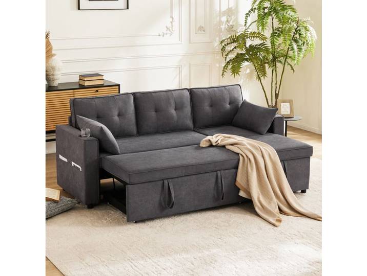 ELVORIN canapé d angle convertible 211 x 130 x 86 cm tissu coton lin gris rangement et porte verre