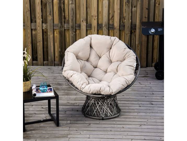 Fauteuil rond de jardin fauteuil papasan pivotant grand confort Ø 97 x 90H cm grand coussin fourni polyester résine tressée crème