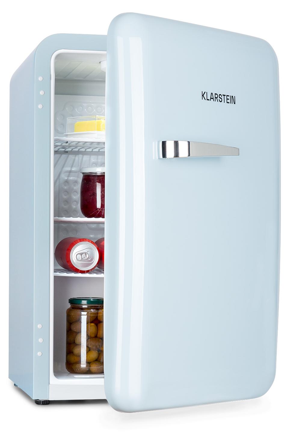 Klarstein Audrey Mini - kleiner Kühlschrank, kompakte Mini-Bar, freistehend, Kompressionskühlung, Fassungsvermögen, Kühlung: 0 - 10 °C, Mini-Kühlschrank mit 70 Liter Fassungsvermögen, blau