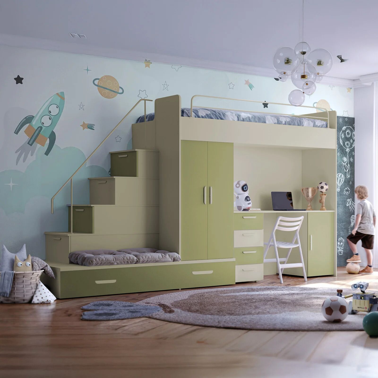 garneroarredamenti Cameretta bambini completa 2 letti singoli cashmere verde Diego Gihome®