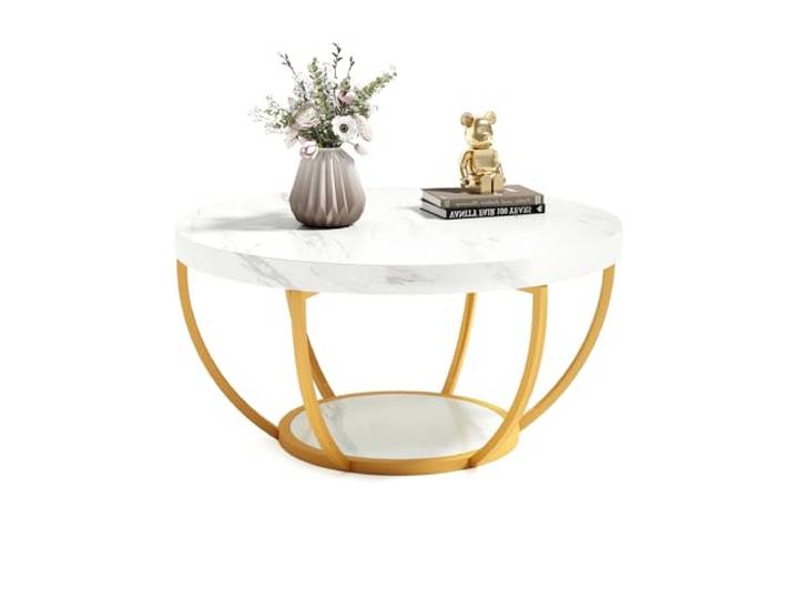 LITTLE TREE Runder Couchtisch, 81,3 cm, runder Couchtisch aus Kunstmarmor, für Wohnzimmer, 2-stöckige goldene Metallbeine, Akzent-Mitteltisch mit offenem Stauraum, modernes Design, Wohnmöbel