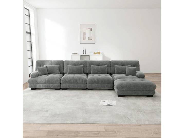 Canapé d'angle modulable - LANGTU - Canapé 4 places - chenille gris - pouf amovible - accoudoirs capitonnés