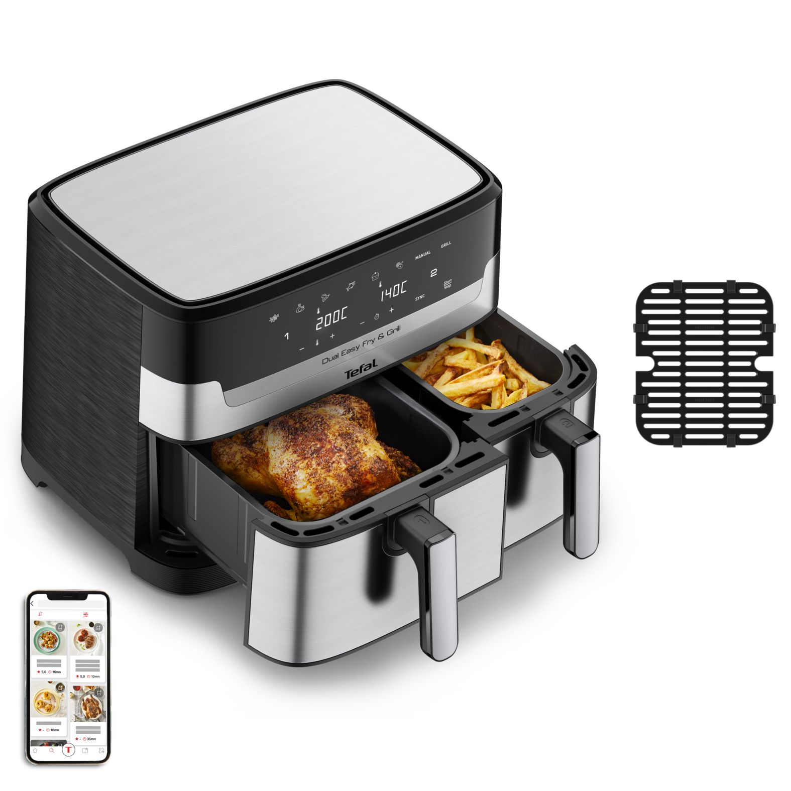 Tefal EY905D Dual Easy Fry & Grill Doppel Heißluftfritteuse 8,3 l 2700 W (Edelstahl) EY905D10