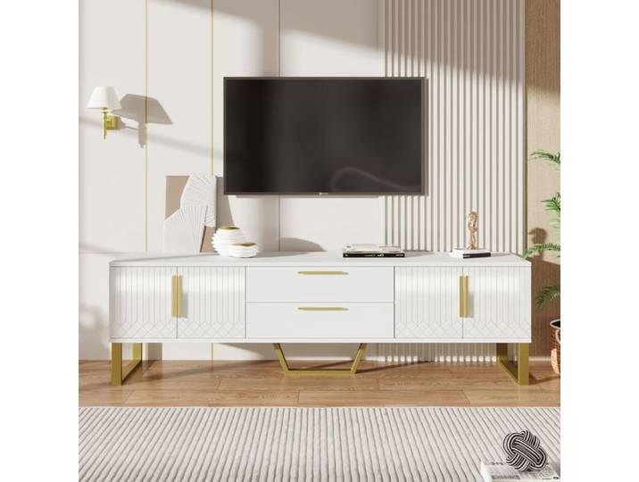Meuble TV - Meuble TV 170 cm - 4 portes - Tiroirs centraux gravés - Finition haut brillant blanc et doré