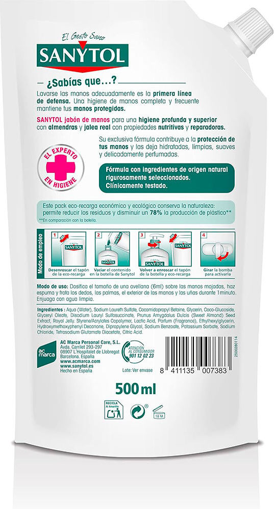 Sanytol Ricarica di sapone mani antibatterico nutriente Eco Pack 500 ml