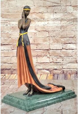 Bronzhaus Elegant Bronze Lady Sculpture – Art Deco Figurine In Flowing Dress With Colorful Patina On Marble Base
