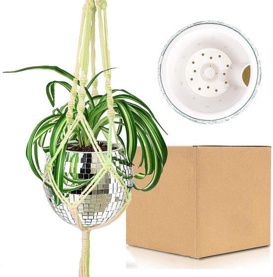 Zelfwaterende Macramé Discobol Bloemenmand in Zilver, 15 cm