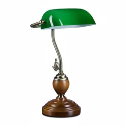 Relaxdays Bankerlampe Holzfuß, Retro Schreibtischlampe, Messing-Optik, HxBxT:26,5x43x18cm, Holz/Glas/Metall, grün