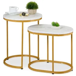 Relaxdays Satztisch 2er Set Marmoroptik & Metall Weiß,Gold