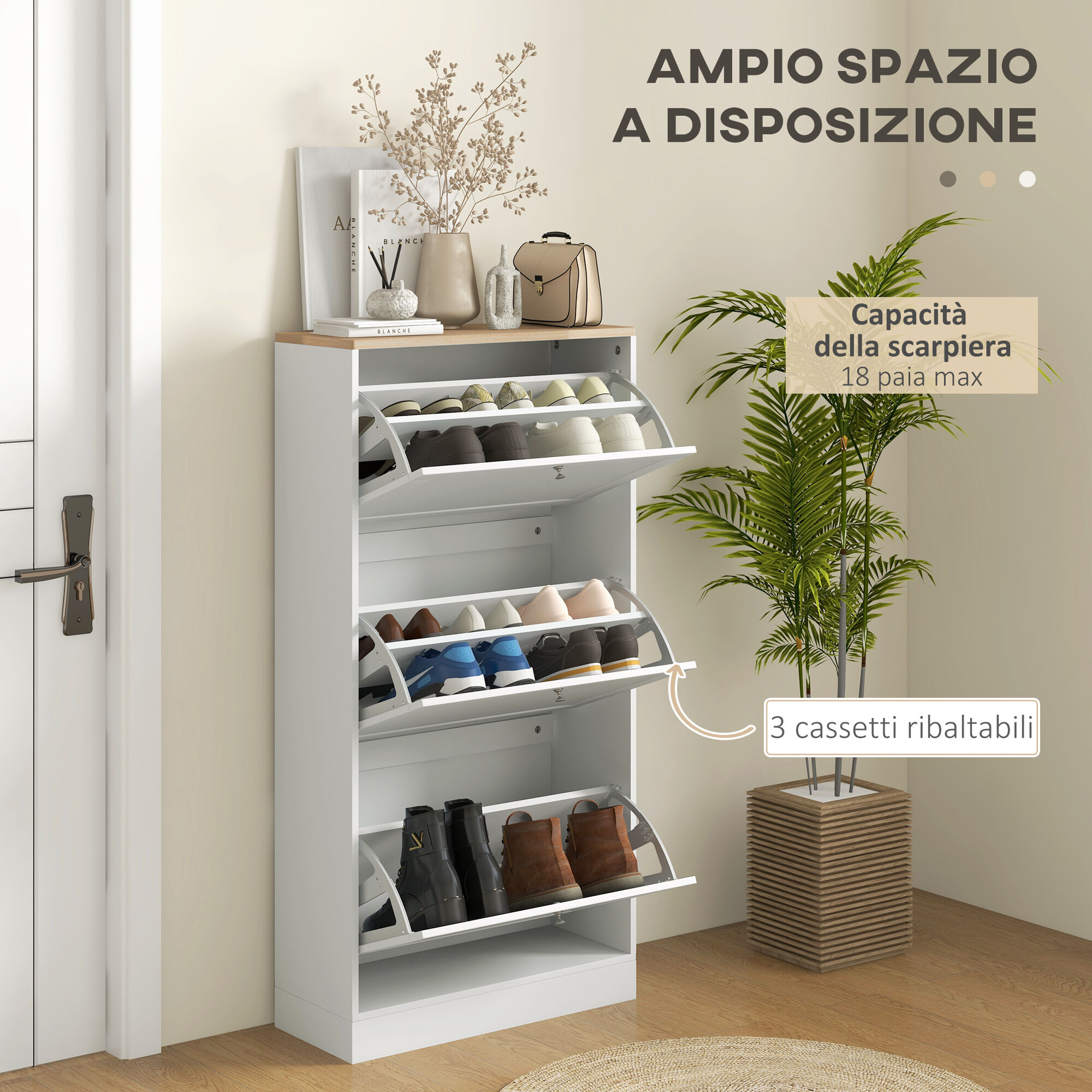 giordanoshop Scarpiera Salvaspazio a 3 Cassetti per 18 Paia di Scarpe 60x23.5x115 cm Ripiani Regolabili in Legno Bianco...