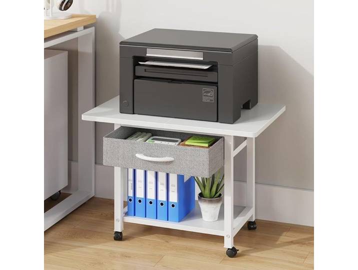 Support Imprimante 2 Niveaux avec roulettes et Tiroir Meuble pour Imprimante Bureau 56x38 cm Organisation Scanner Fax Blanc