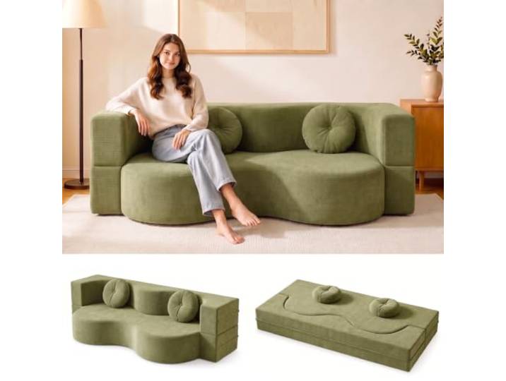 Ribanedy Wandelbares Boneless Schlafsofa，Grün：150 x 100 cm Vakuumverpacktes, komprimiertes Sofa mit 2 runden Kissen, hochdichtem Schaumstoff und ohne Montage
