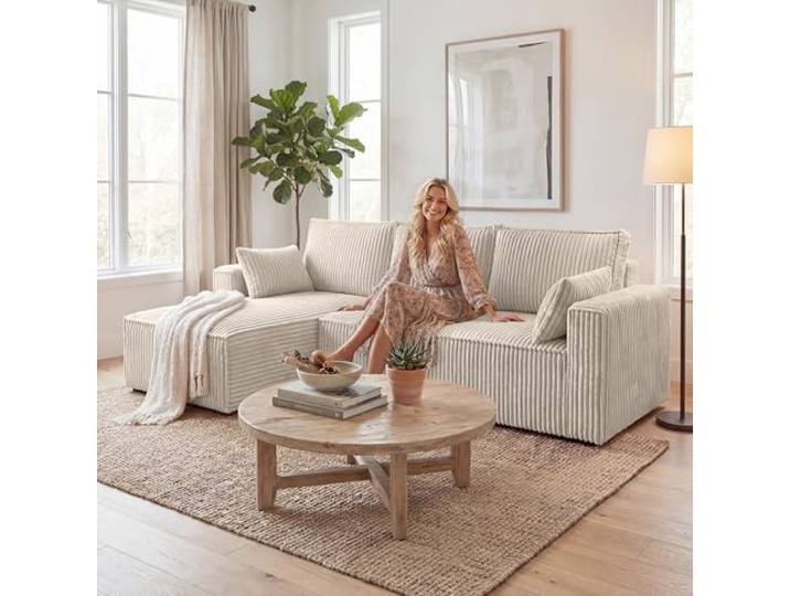 BROMARKT Sofa mit Schlaffunktion L Form Ecksofa mit Bettkasten Hellbeige Couch Eckcouch Schlafcouch Schlafsofa Sofabett Eckschlafsofa 235x133x85 cm 3 Sitzer Wohnlandschaft Cordstoff PILO