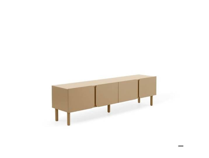 Meuble TV beige avec bords arrondis aux coins des portes