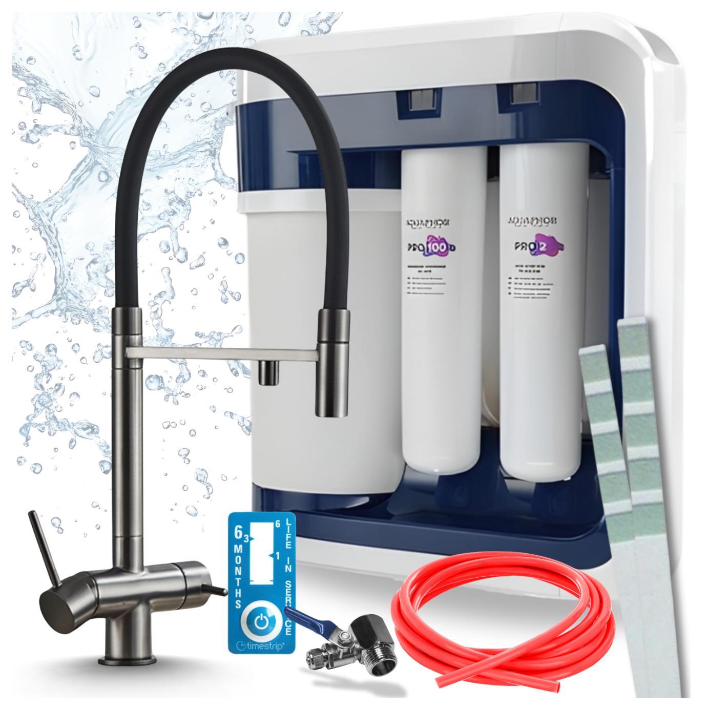 Ari 3-Wege-Küchenarmatur Highflex, Graphit, Ausziehbare Spültischarmatur Im Set Mit Aquaphor Ro-202S Pro Wasserfiltersystem