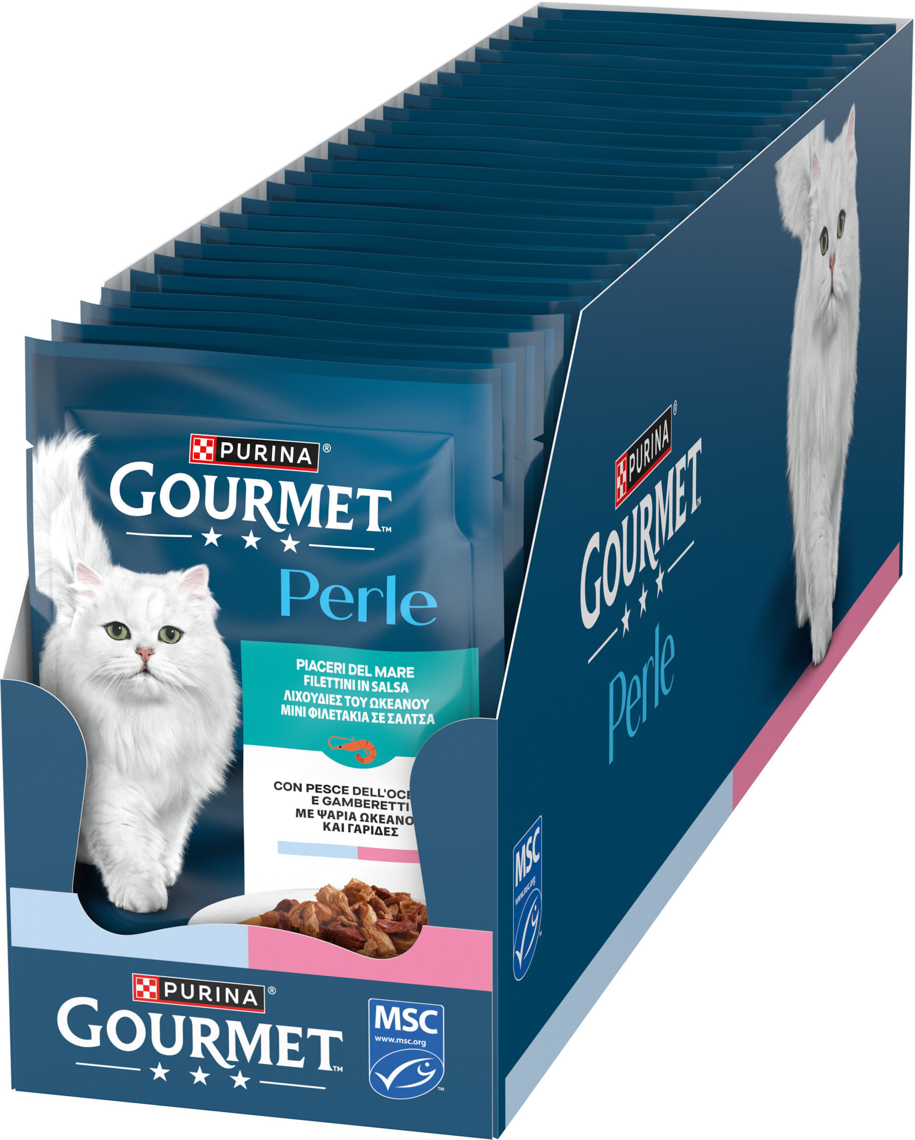 Gourmet Perle Piaceri del Mare Cat Busta Multipack 26x85G PESCE DELL'OCEANO E GAMBERETTI