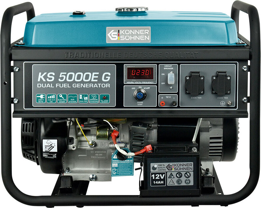 Könner & Söhnen KS 5000E G Gas- en Benzinegenerator, 4500 W Stroomaggregaat met 2x16A