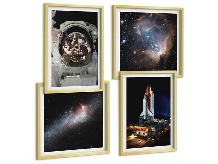 Tulup Bilder SET 4er Set - 50x50 cm & 40x60 cm Goldrahmen - Astronauten landen auf dem Mond, Goldfarben, Kunststoff, Rechteckig, 50x50 cm, einfache und schnelle Anbringung, Bilder & Rahmen, Bilder
