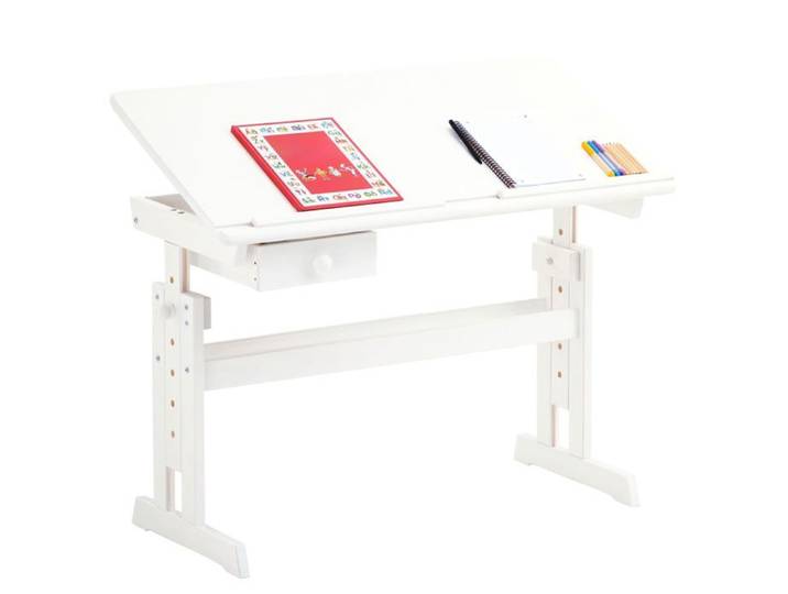 Bureau enfant écolier junior FLEXI table à dessin réglable en hauteur et pupitre inclinable avec 1 tiroir en pin massif lasuré