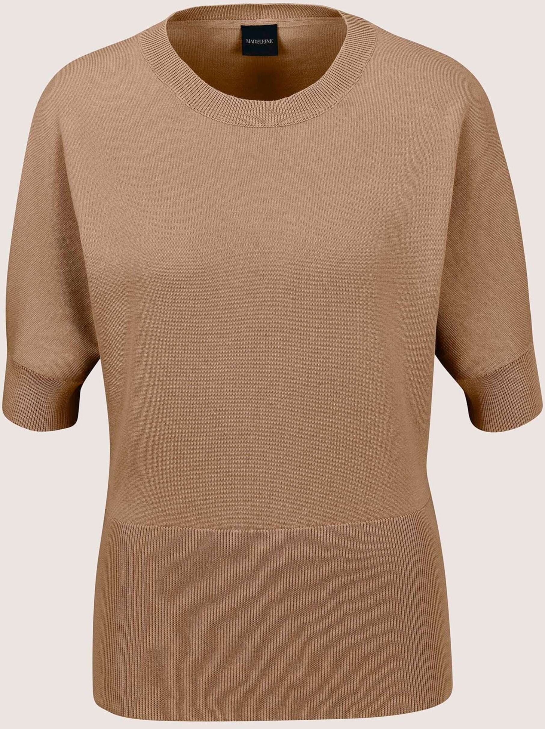 Longpullover MADELEINE "Feinstricktop Sommerlicher Baumwollpullover mit breitem Bund", Damen, Gr. 40/42, braun (caramel), Obermaterial: 100% Baumwolle CO., Modern, Pullover Longpullover, Mit kühlendem Baumwollgarn