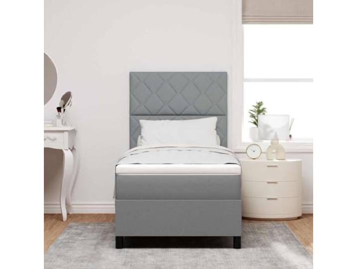 KTHLBRH Boxspringbett mit Kopfteil hellgrau 100 x 200 cm Atmungsaktives Gewebe, technisches Holz und Massivkiefer, mittelfeste Matratze