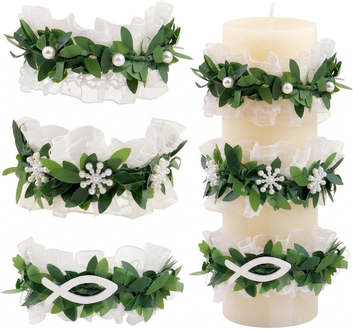 Set van 3 groene kunstbloemkaarsenkransen voor elegante tafeldecoratie en sfeervolle verlichting