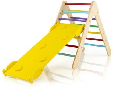 Costway Patented 3-in-1 Wooden Climbing Triangle Set Triangle Climber with Ramp-Multicolor