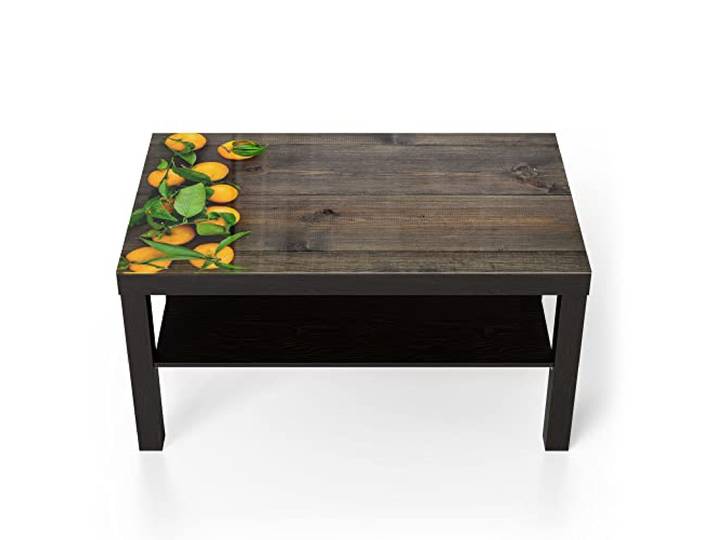 DEQORI Glastisch schwarz groß 90x50 cm Motiv Orangen auf Holzbrettern ausgefallener Beistelltisch aus Glas Hochglanz Couchtisch fürs Wohnzimmer moderner Couch Tisch mit Design