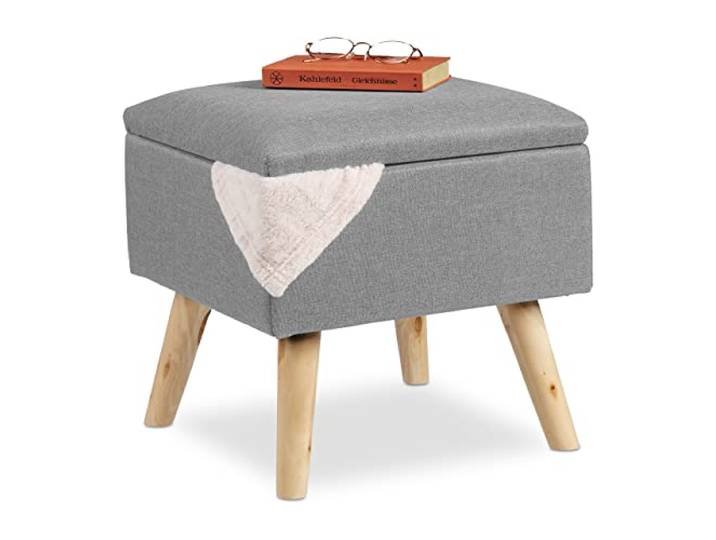 Relaxdays Tabouret avec Espace de Rangement\, rembourré Lin Artificiel\, Pieds en Bois\, Couvercle\, 40x40x40cm\, Gris Clair