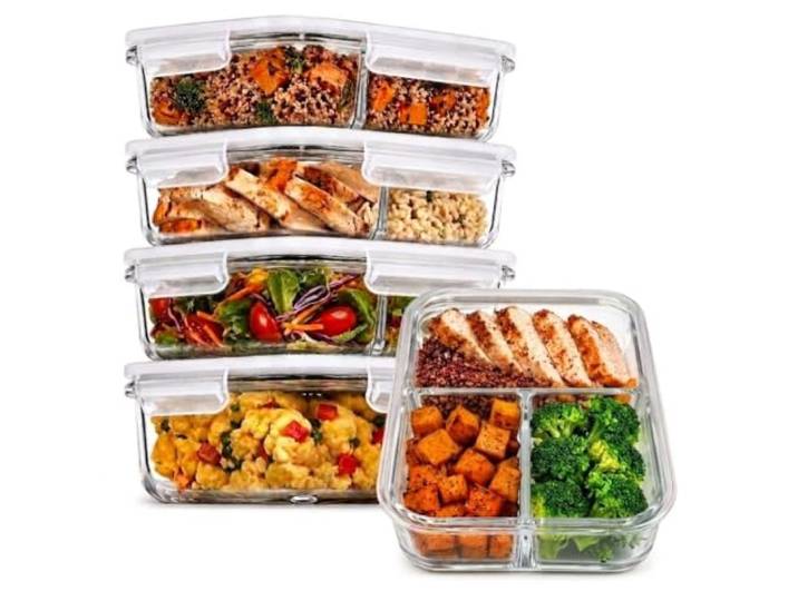 Prep Naturals Glasbehälter für Mahlzeiten, 3 Fächer, 5 Stück – Bento-Box, Vorratsbehälter aus Glas mit Deckel – Lebensmittelzubereitungsbehälter, Glasbehälter mit Deckel